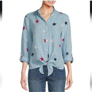 John Mark Embroidered Star Linen Point Collar Roll-Tab Sleeve Women's Large